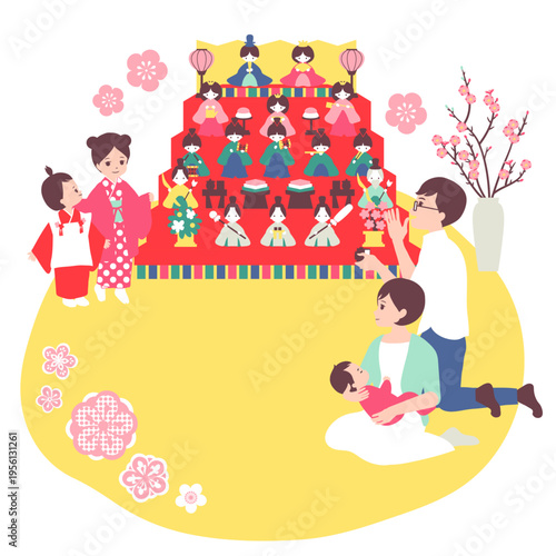 季節のファミリーイラスト（3月）お雛様の前で写真撮影をしてひな祭りを祝う家族