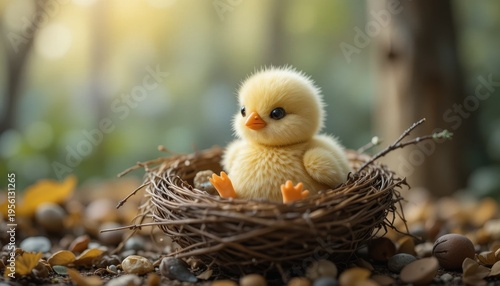 Chick Resting in a Cozy Nest Surrounded by Autumn Leaves and Soft Sunlight