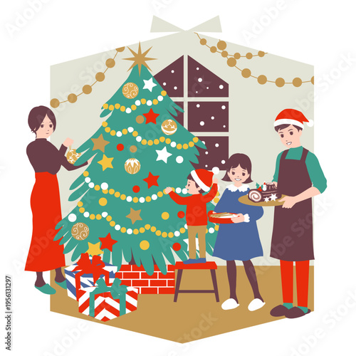 季節のファミリーイラスト（12月）クリスマスツリーの飾り付けをする家族
