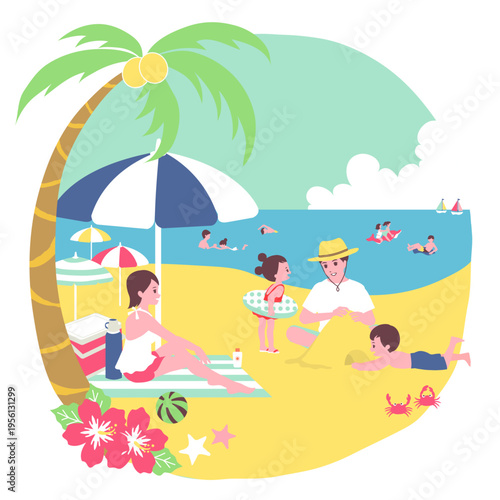 季節のファミリーイラスト（7月）夏に海水浴を楽しむ家族