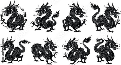 Chinese dragon silhouettes, mythical creatures, Asian art, cultural heritage, fantasy illustration, traditional design, oriental symbolism, power, strength, fortune, mythology