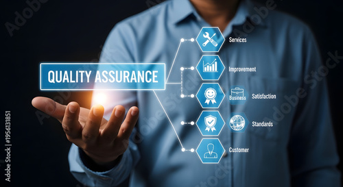 Man presenting quality assurance concept with icons on his palm