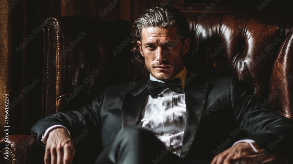 Obraz premium Elegant man in a tuxedo sitting in a leather chair, looking serious.