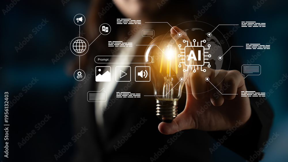 Fototapeta premium A businesswoman presents a light bulb symbolizing innovation and AI technology, surrounded by graphical elements that highlight digital advancement and solutions in modern business practices. Ledger