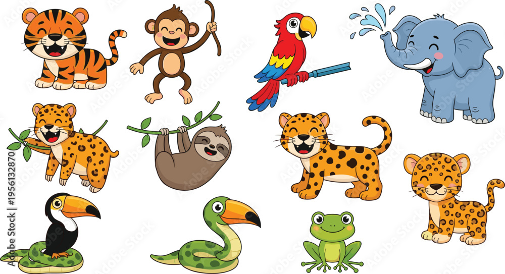 Fototapeta premium Cute Jungle Animal Vector Set Featuring Tiger Monkey Parrot Elephant Leopard Sloth Snake Toucan Frog Cartoon Characters for Kids Design Flat Illustration Collection