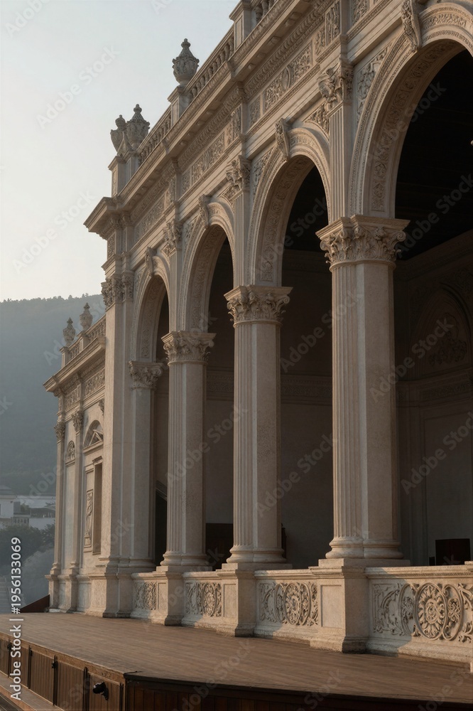 Fototapeta premium A classical stone building with intricate carvings stands serene in warm golden light at dawn or dusk.