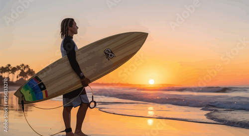 Young surfer standing on beach at sunset with surfboard