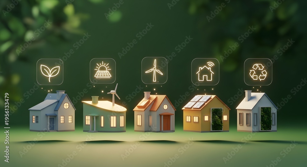Obraz premium Line of miniature colorful toy houses floating with glowing eco friendly energy icons above them