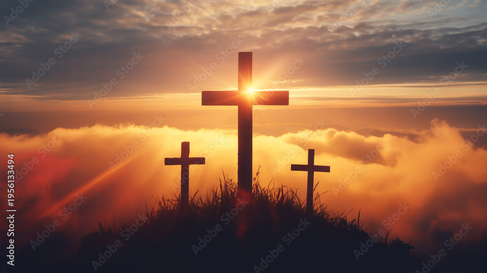 Fototapeta premium Three crosses on hill at sunset with clouds