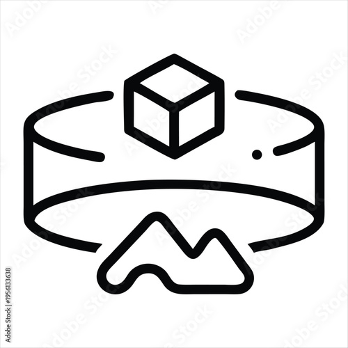 Blockchain technology depicted with mountainous terrain and data cube Vector