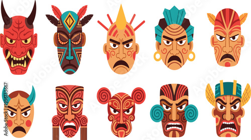 Tribal Mask Vector Set Featuring Ethnic Warrior Faces Demon Tiki Cultural Symbols with Aggressive Expressions for Traditional Art Design Flat Illustration Collection