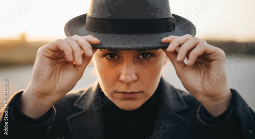 Woman in a stylish gray hat adjusting it with both hands