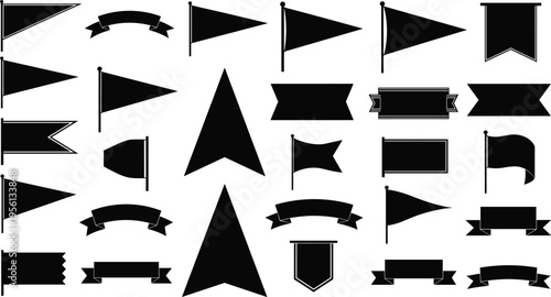 Flag silhouettes, banner icons, arrow designs, black and white artwork, decorative illustration, graphic design elements, cultural symbols, timeless patterns