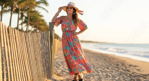 Woman in colorful dress and hat posing on beach near wooden fence and palm trees smiling at camera