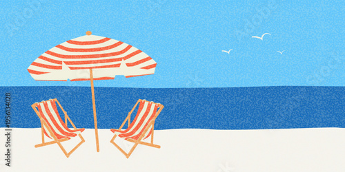 Beach banner with blue sky, sea, striped sun loungers and umbrella. Horizontal travel and summer vacation template. Flat vector illustration with grain texture.