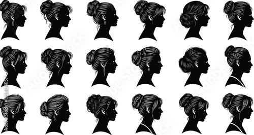 Female hairstyle silhouettes, women profiles, bun variations, fashion icons, beauty illustration, hair design, style diversity, elegance, accessories, portrait art, feminine