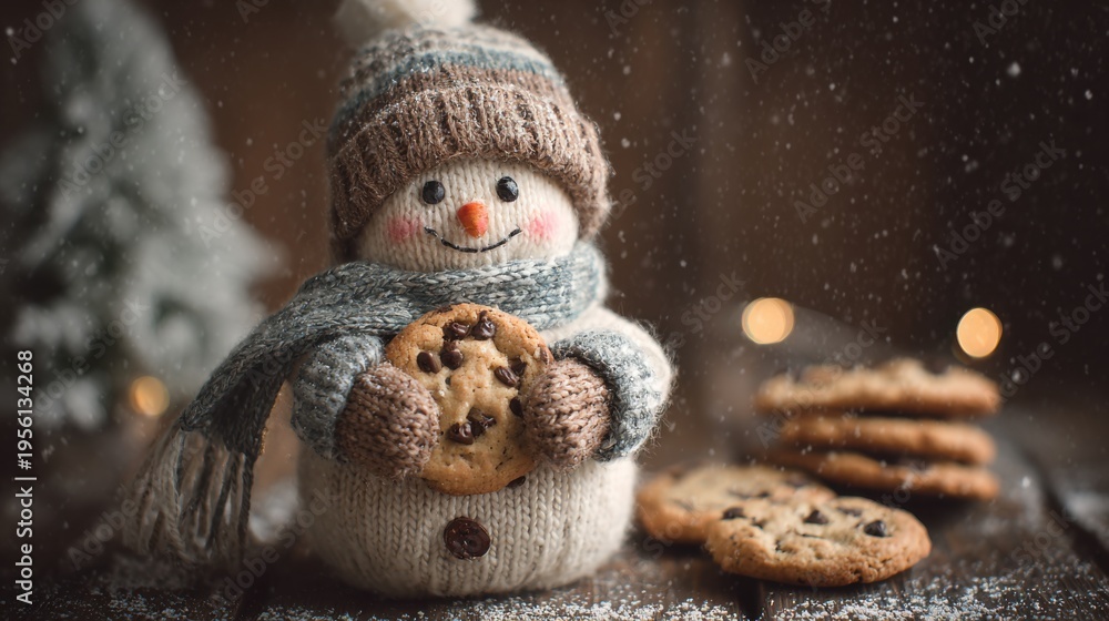 Obraz premium Cozy snowman in winter woolens presents chocolate chip cookies, evoking Hygge spirit and whimsical Yulee tidings 