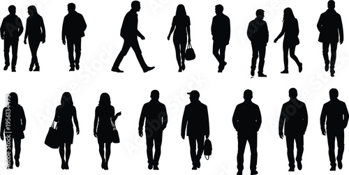 Human silhouettes collection, walking and standing poses, posture illustration, black and white artwork, lifestyle design, cultural figure, movement study
