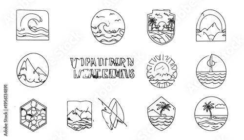 Coastal Elements Emblems: A collection of simple, monochromatic outline art emblems, representing diverse seaside and beach features, offering versatility for design projects.