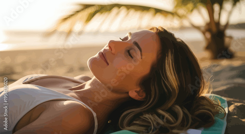 Woman relaxing on beach with eyes closed and serene expression