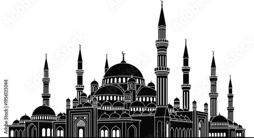 Mosque silhouette illustration, Islamic architecture, domes and minarets, cultural heritage, religious site, black and white artwork, ornate design, spiritual landmark