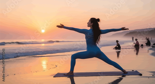 Woman in blue activewear practicing yoga on a beach at sunset