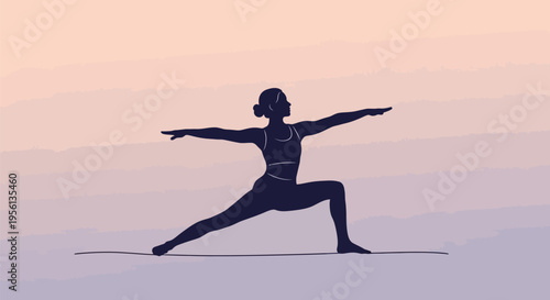 Woman in a yoga pose with arms outstretched in a warrior stance