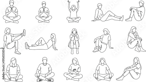 Seated human poses, relaxed positions, meditation silhouettes, posture illustration, minimalist line art, casual sitting, body language artwork, design reference