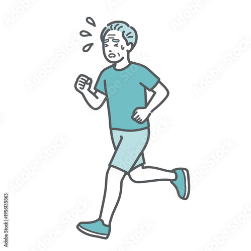 ジョギングで汗をかいて苦しそうに走るシニア男性のイラスト（疲労・注意喚起）