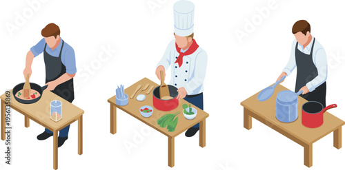 Isometric chefs cooking food in kitchen, professional cooks preparing meals, frying pan and pot, culinary process, restaurant kitchen illustration