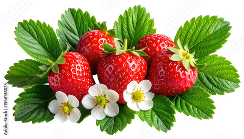 Group of ripe, red berries with green leaves and white blossoms