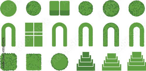 Stylized top‑down garden landscape elements, bushes, hedges, trees, decorative vector illustration for architecture, urban planning, design schematics, and web.