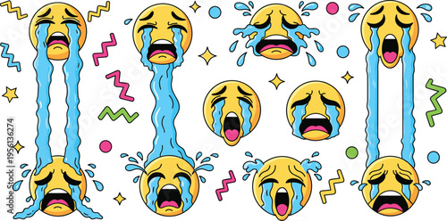 Crying Emoji Face Vector Set Featuring Sad Emoticons Tears Expressions Cartoon Characters for Chat Stickers Social Media Reactions Flat Illustration Collection