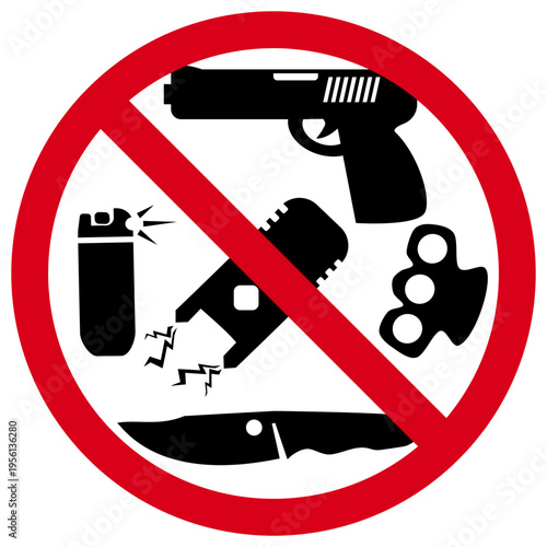 Red sign prohibited gun and knife on white background. No Weapons Allowed Here Sign. Prohibited Weapons Symbol