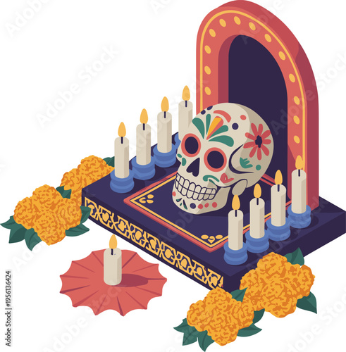 Isometric Day of the Dead altar with sugar skull, candles and marigold flowers, traditional Mexican ofrenda, cultural 3D vector illustration
