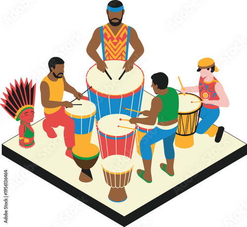 Isometric drumming group performing with diverse musicians, cultural percussion circle, traditional rhythm, live music celebration and festival illustration concept