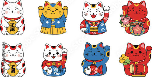 Set of Japanese maneki neko lucky cat figurines, colorful traditional fortune cats with raised paw isolated vector illustration collection