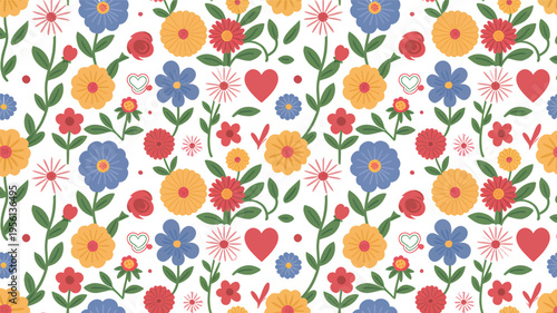 A vibrant floral pattern design with colorful blossoms, green leaves, and charming red hearts. This seamless background is ideal for spring, summer, and decorative applications