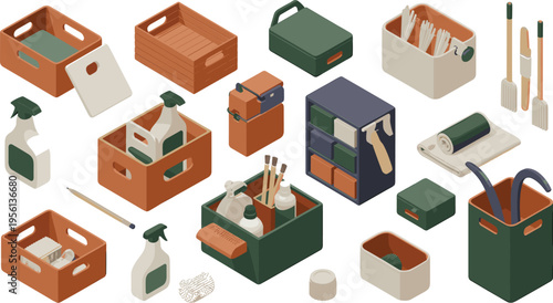 Isometric home organization and cleaning supplies set, storage boxes containers tools household equipment vector illustration collection design