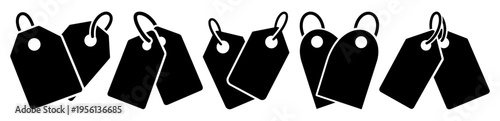 Black Price Tag Silhouette Icon Set for Retail Labels and Shopping Discounts Isolated on Transparent Background