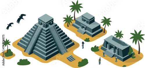 Isometric Mayan pyramid ruins illustration, ancient Mesoamerican temple complex with jungle landscape, historical architecture, archaeology site, cultural heritage concept design