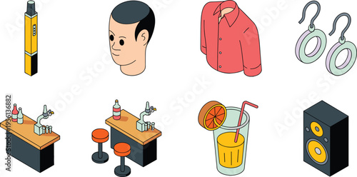 Isometric lifestyle icons collection with vape device male avatar shirt earrings bar counter drink speaker 3d illustration modern design set