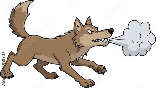 Cartoon illustration of an angry wolf blowing steam from its mouth, with a menacing expression