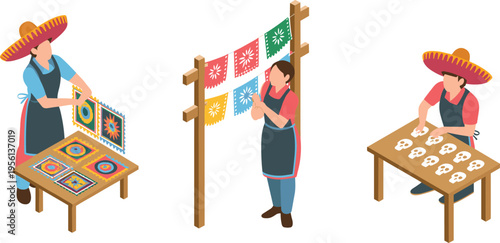 Isometric Mexican artisans creating traditional crafts, papel picado banners and sugar skulls, handmade folk art workshop, cultural vector illustration