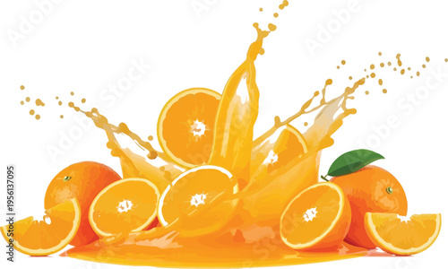 Fresh oranges and orange slices with juice splash