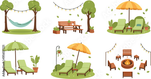 Outdoor Garden Relaxation Vector Set Featuring Hammock Lounge Chairs Picnic Table Fire Pit Cozy Backyard Decor Elements Flat Illustration Collection for Summer Nature Lifestyle Scenes
