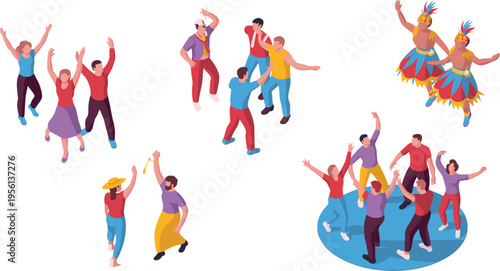 Isometric people dancing at festival illustration, lively street party with crowd, music celebration scene, cultural event, social gathering entertainment concept