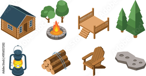 Isometric outdoor camping icons set with cabin campfire trees lantern logs chair wooden deck forest adventure 3d illustration design