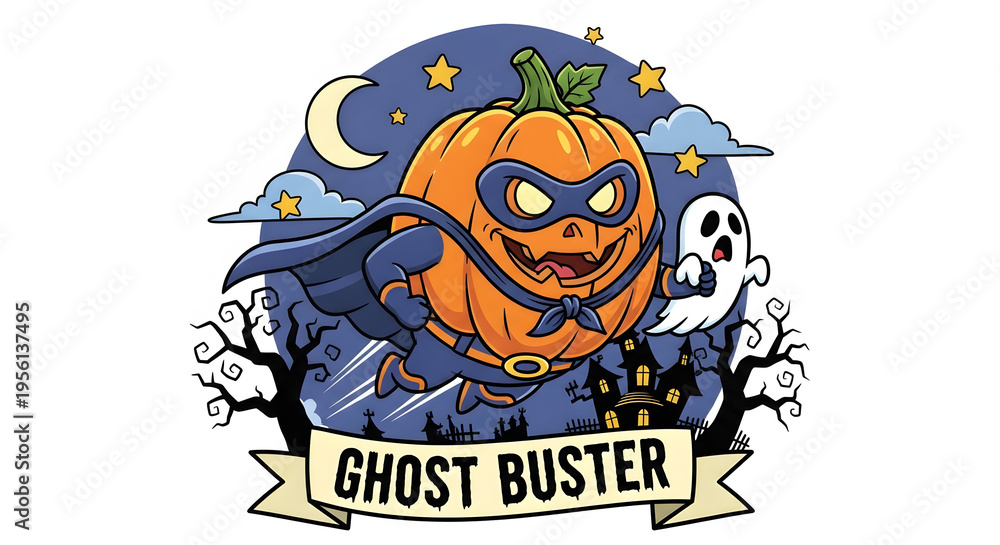 Fototapeta premium Superhero Pumpkin and Ghost Busters Halloween Scene