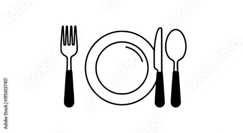 Plate with fork, knife, and spoon icon with black handles and simple line art design for dining and food services